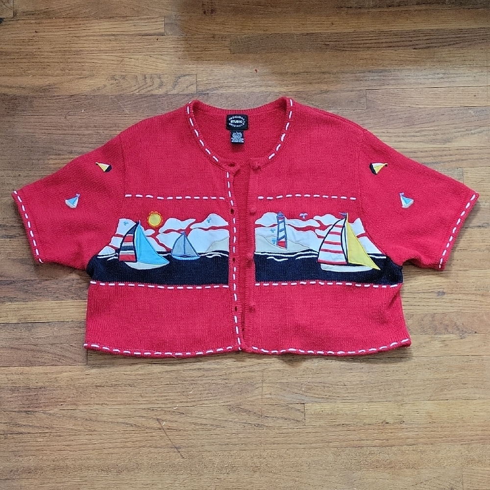 Redesigned Vintage Short Sleeve Sailboat Sweater Large With One Size Hat - Picture 3 of 13